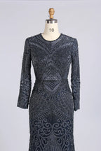 Elegant Blue Long Sleeve Beaded Mermaid Mother of the Bride Dress MC171