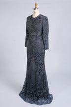 Elegant Blue Long Sleeve Beaded Mermaid Mother of the Bride Dress MC171