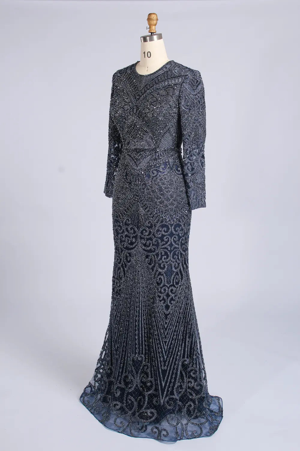 Elegant Blue Long Sleeve Beaded Mermaid Mother of the Bride Dress MC171