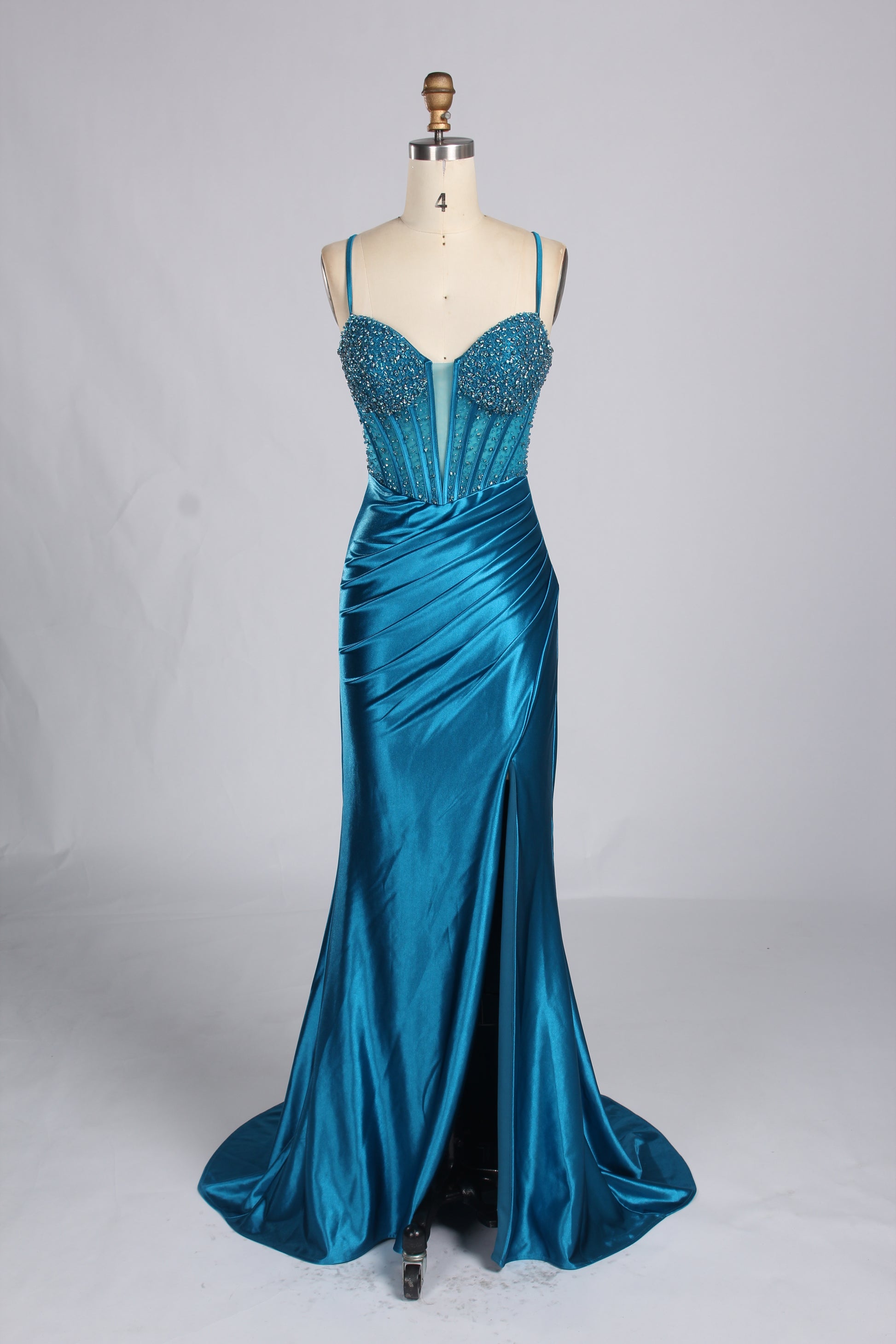 Wholesale Royal Blue Beaded Spaghetti - Strap Evening Gown 33235