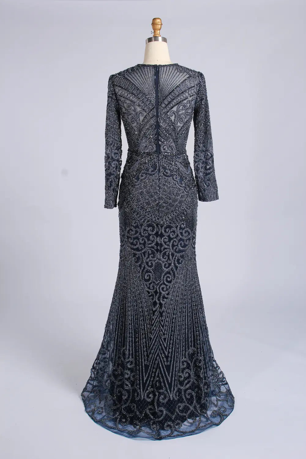 Elegant Blue Long Sleeve Beaded Mermaid Mother of the Bride Dress MC171