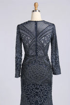 Elegant Blue Long Sleeve Beaded Mermaid Mother of the Bride Dress MC171