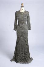 Elegant Blue Long Sleeve Beaded Mermaid Mother of the Bride Dress MC171