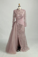 High Neck Beaded Sage Green Mother of the Bride Dress with Overskirt MK153