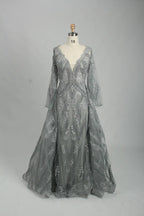 Sparkling V-Neck A-Line Mother of the Bride Dress with Long Sleeves MK081