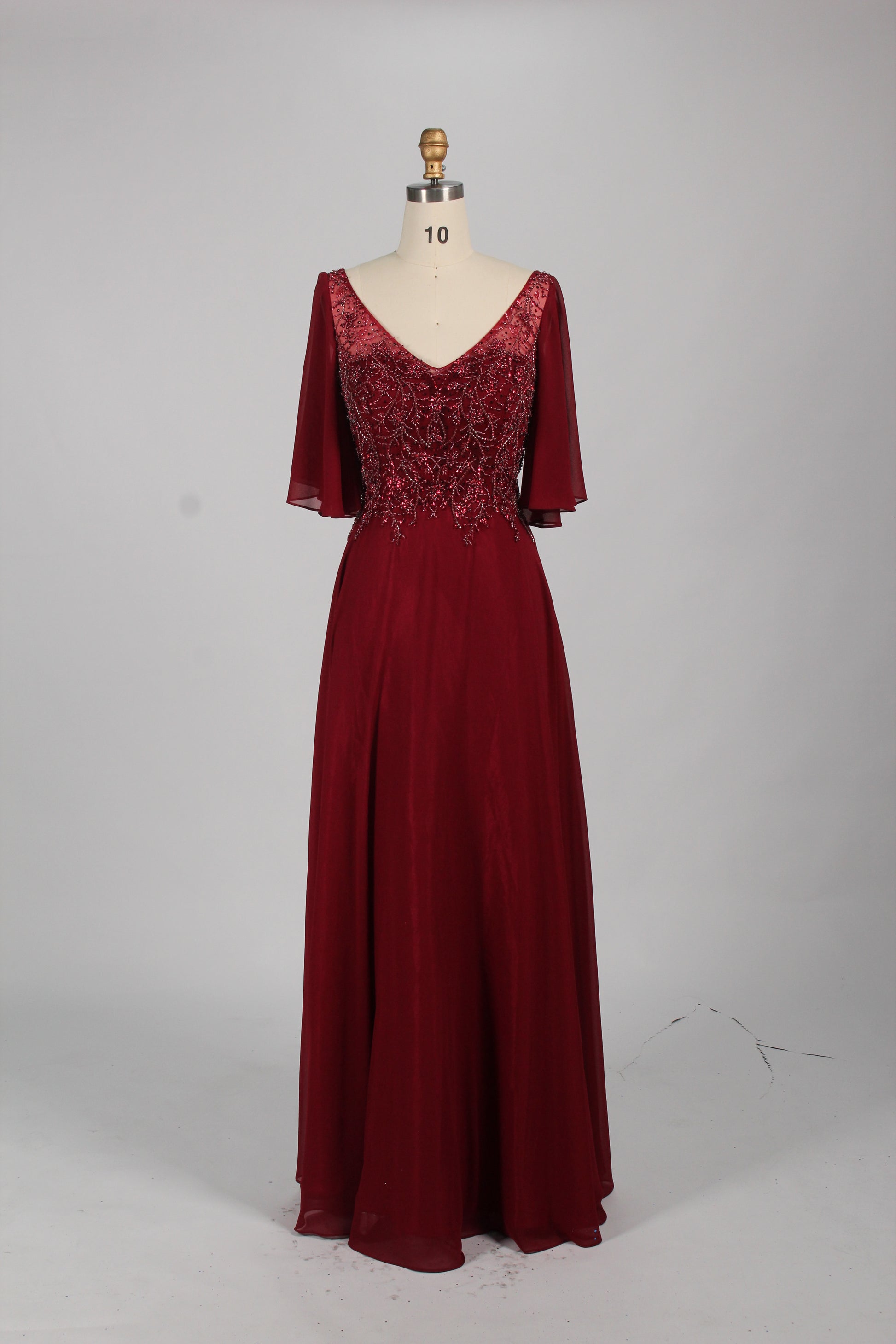 Wholesale Olive Green Lace - Embellished Flutter - Sleeve Prom Dress 32778