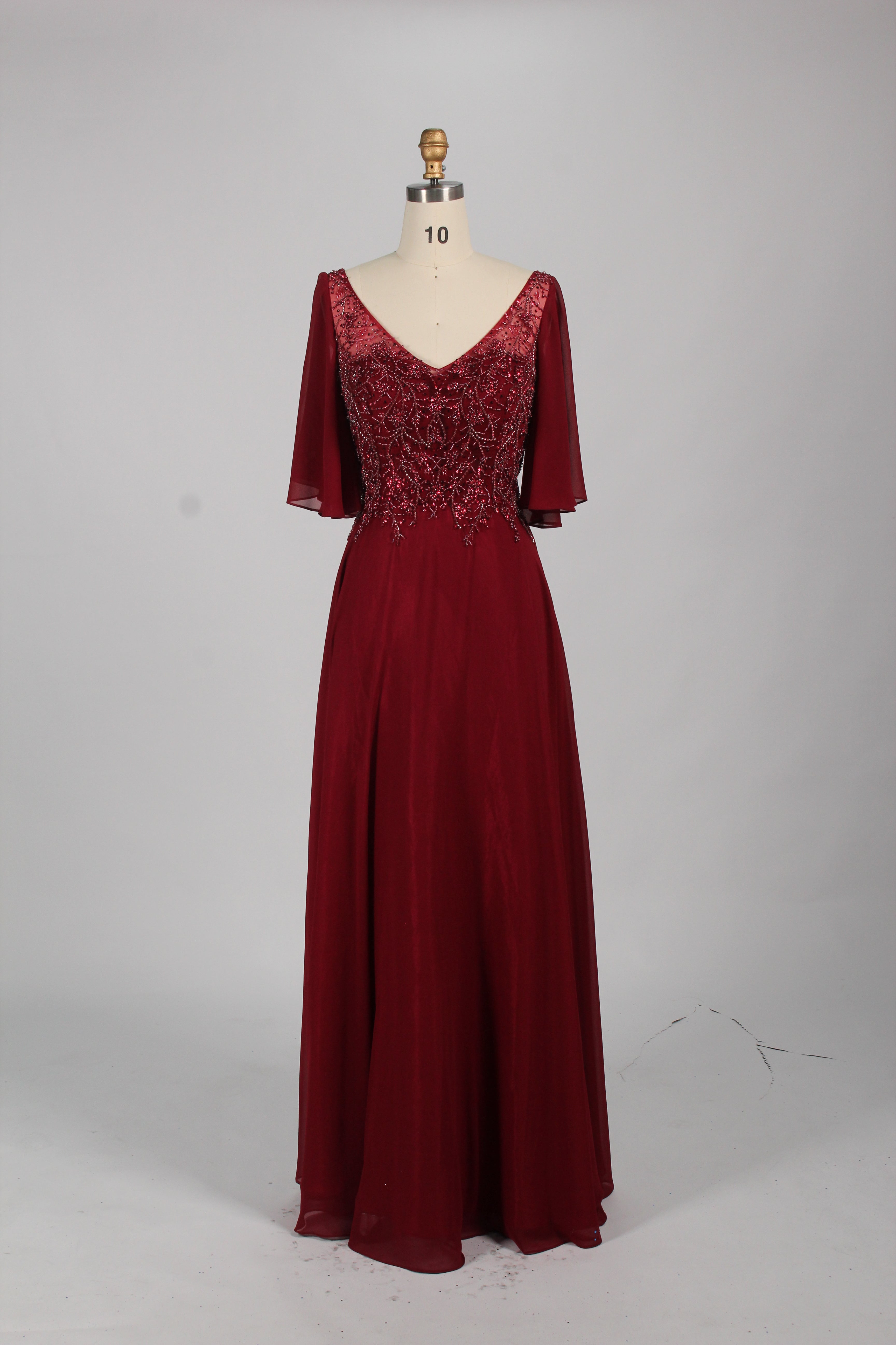 Wholesale Olive Green Lace - Embellished Flutter - Sleeve Prom Dress 32778