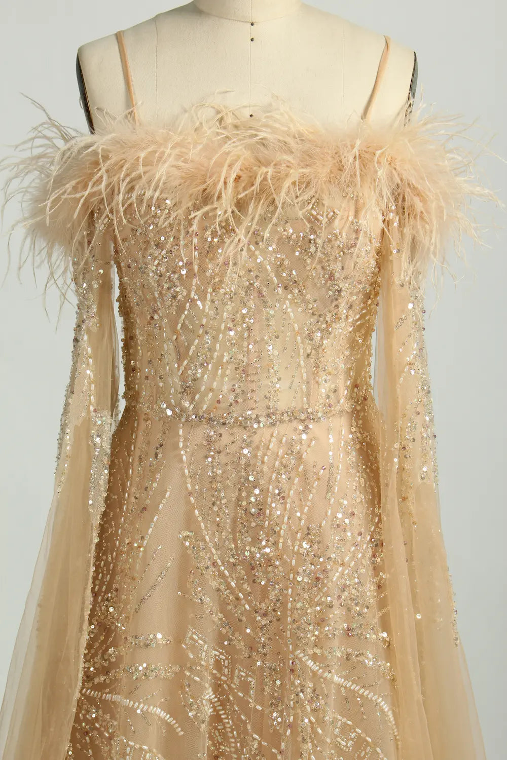 Sequin Feather Off-the-Shoulder Mother of the Bride Dress KS046