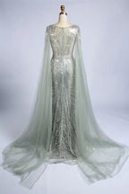 Silver sage beaded cape fit-and-flare gown with draped sheer sleeves and train