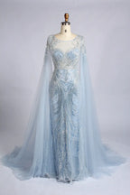 Light blue beaded cape fit-and-flare gown with long sheer tulle sleeves