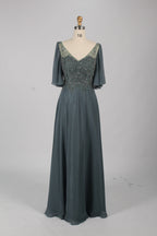 Wholesale Olive Green Lace - Embellished Flutter - Sleeve Prom Dress 32778
