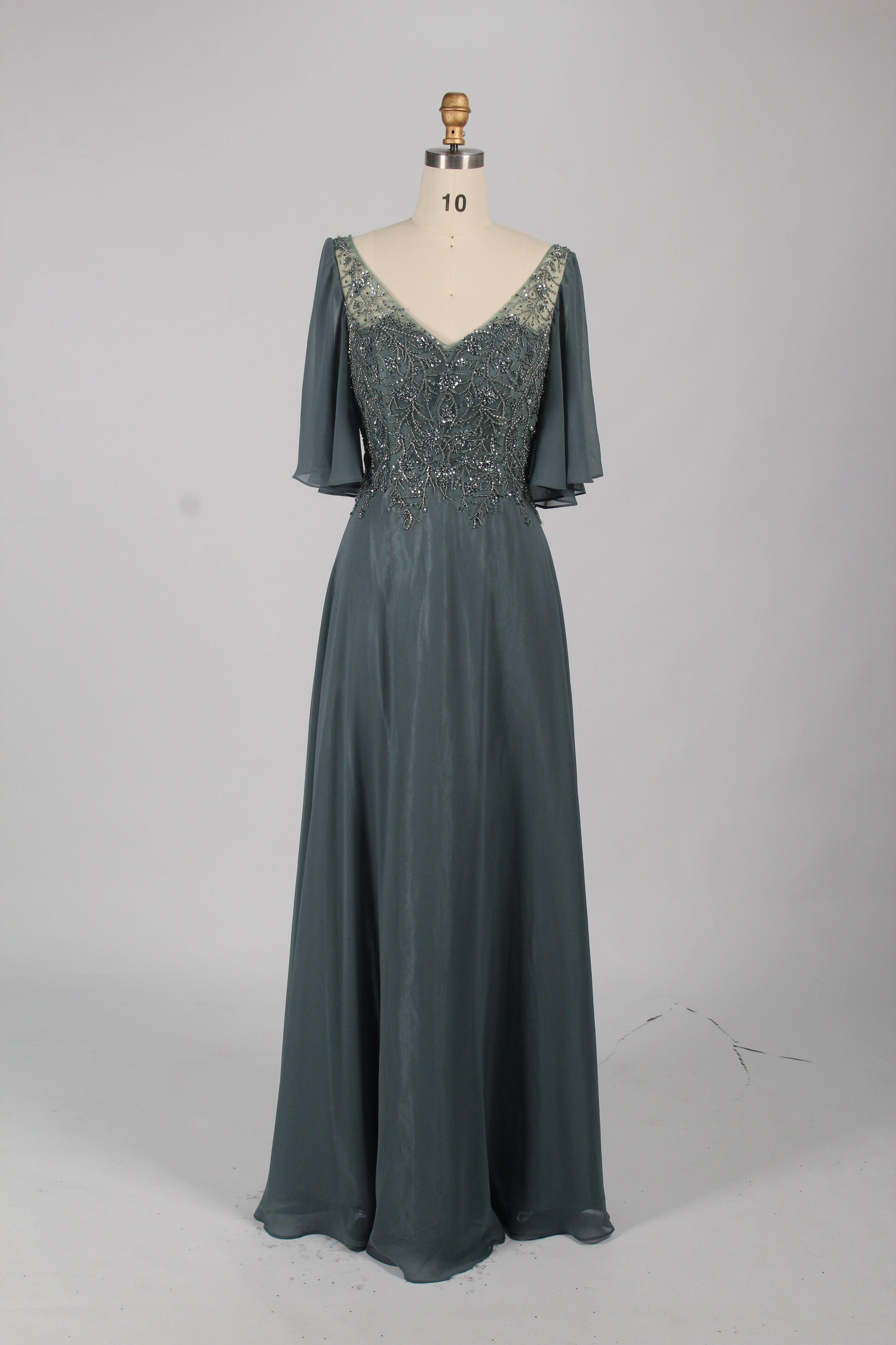 Wholesale Olive Green Lace - Embellished Flutter - Sleeve Prom Dress 32778