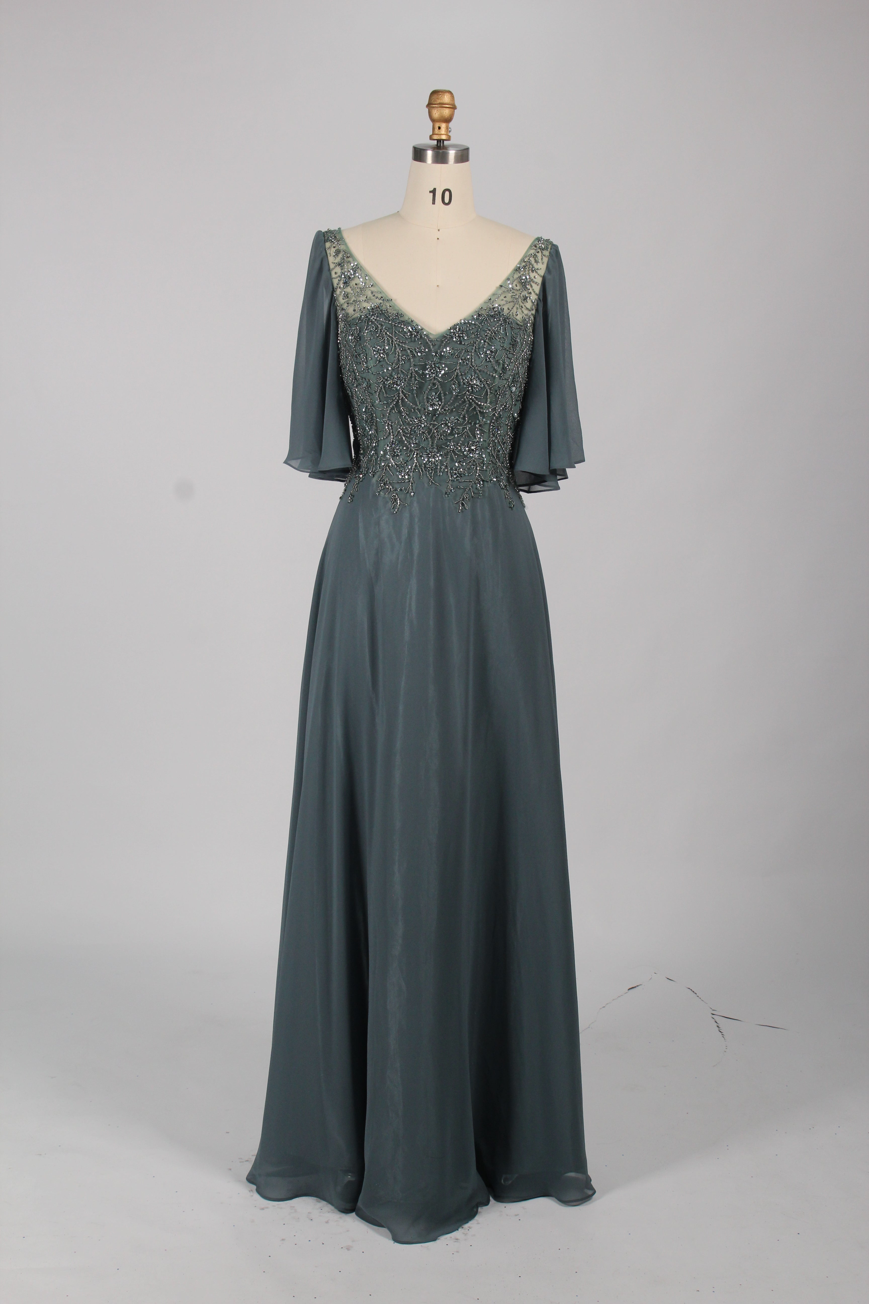 Wholesale Olive Green Lace - Embellished Flutter - Sleeve Prom Dress 32778