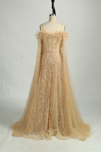 Sequin Feather Off-the-Shoulder Mother of the Bride Dress KS046
