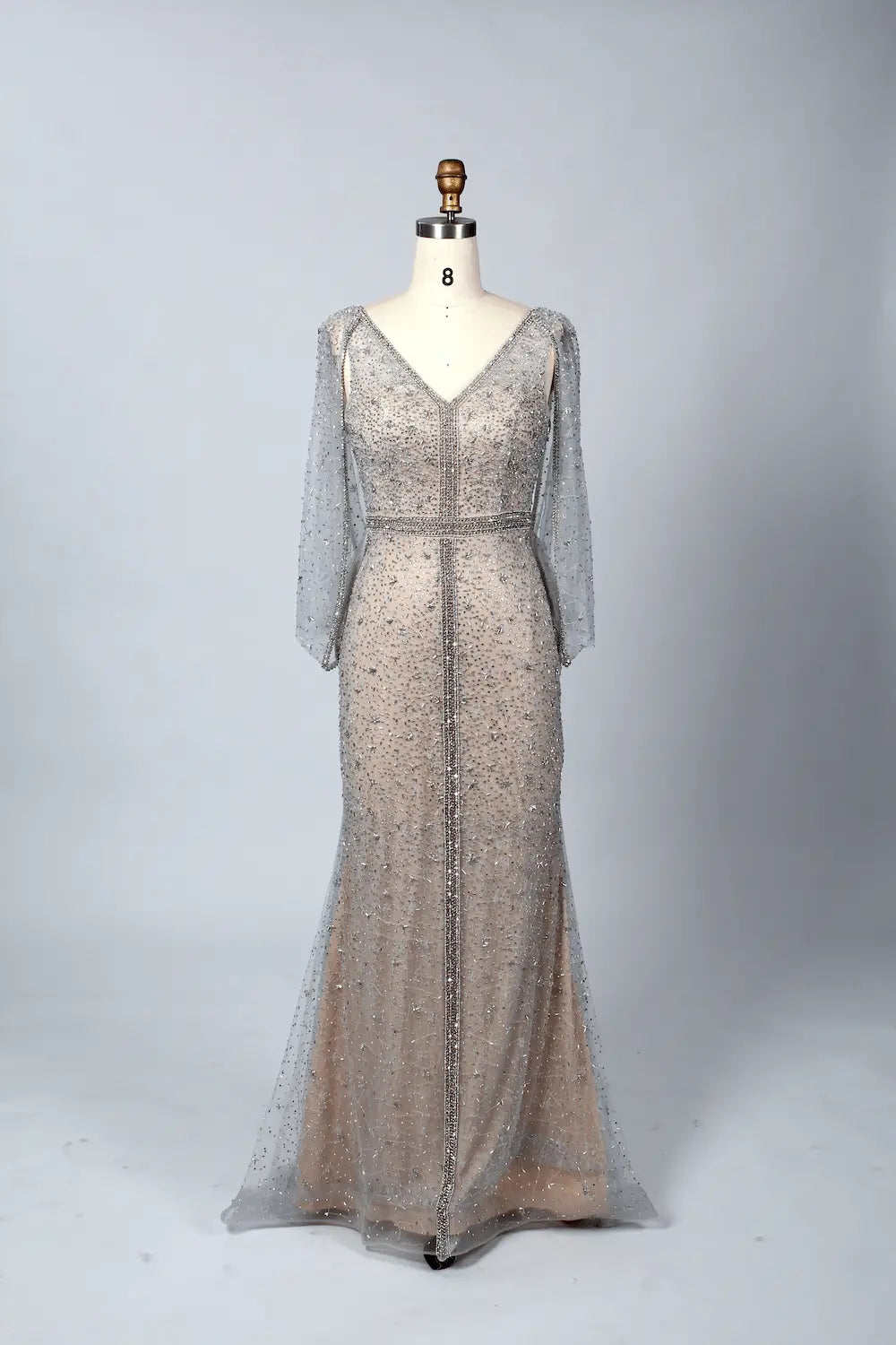 Sparkling Fit-and-Flare Mother of the Bride Dress with Sheer Sleeves MC051