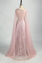 Beaded Sequin A-Line Mother of the Bride Dress with Cape Sleeves KS047