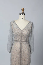Sparkling Fit-and-Flare Mother of the Bride Dress with Sheer Sleeves MC051