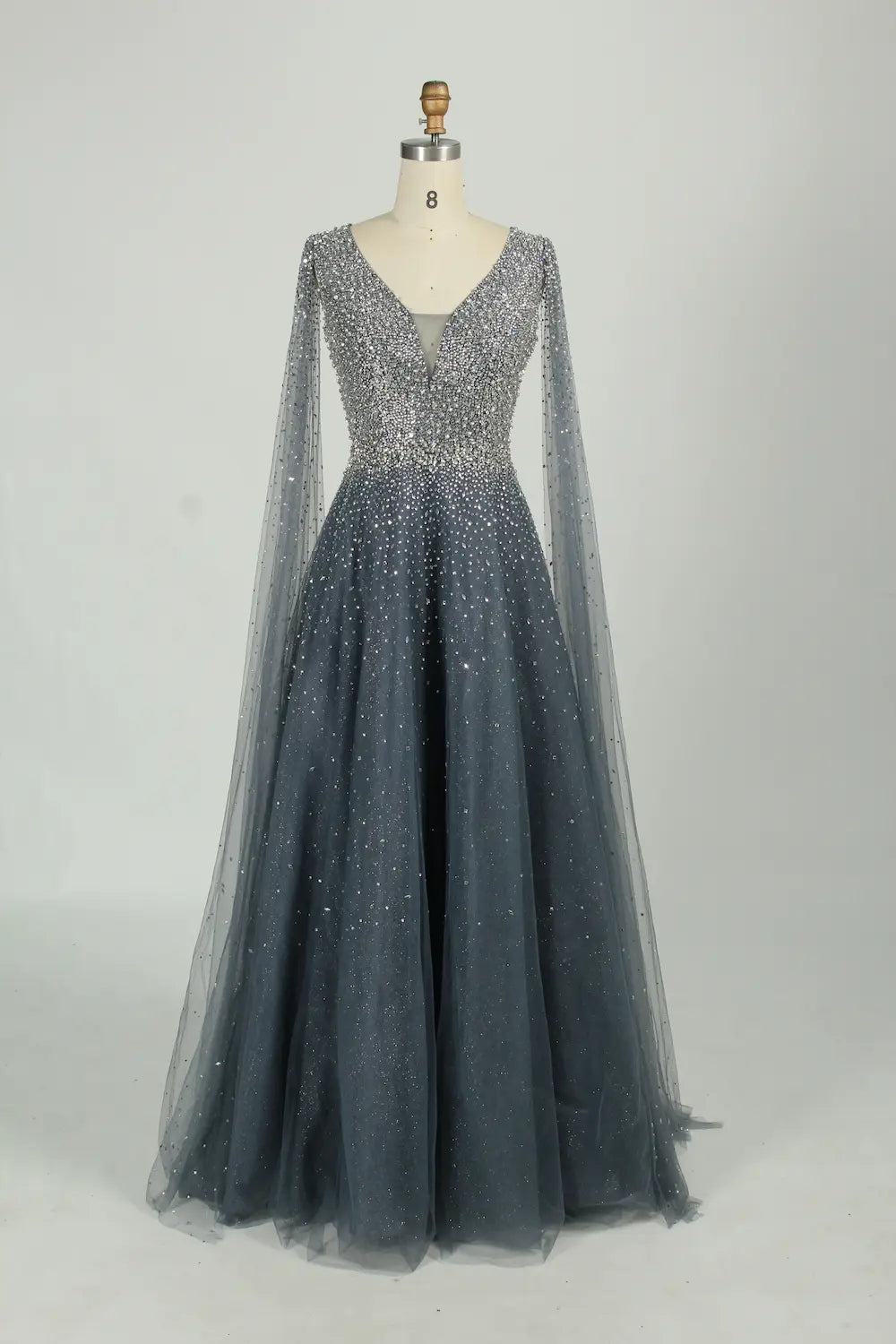 Beaded V-Neck A-Line Mother of the Bride Dress with Cape Sleeves KS048
