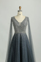 Beaded V-Neck A-Line Mother of the Bride Dress with Cape Sleeves KS048