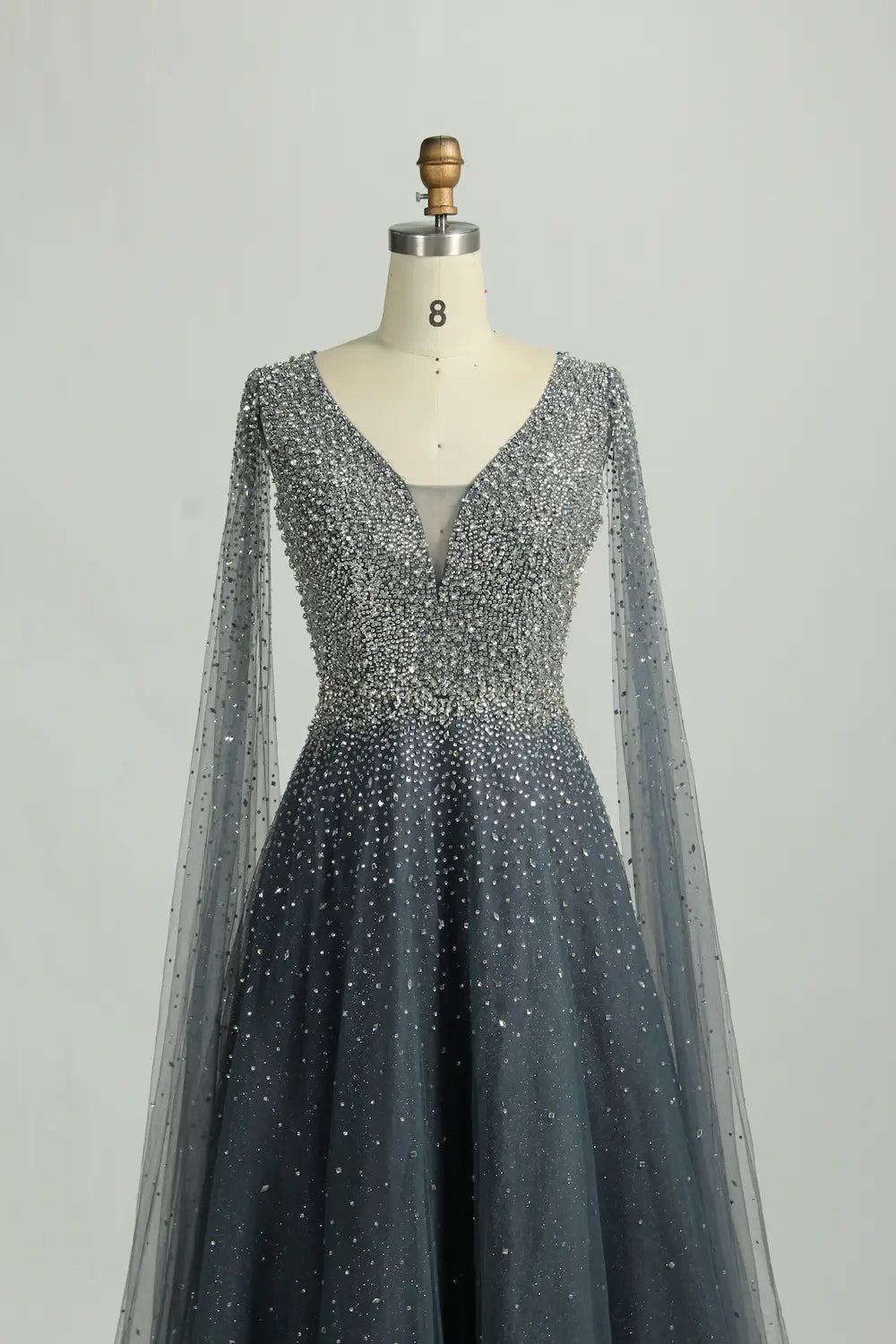 Beaded V-Neck A-Line Mother of the Bride Dress with Cape Sleeves KS048