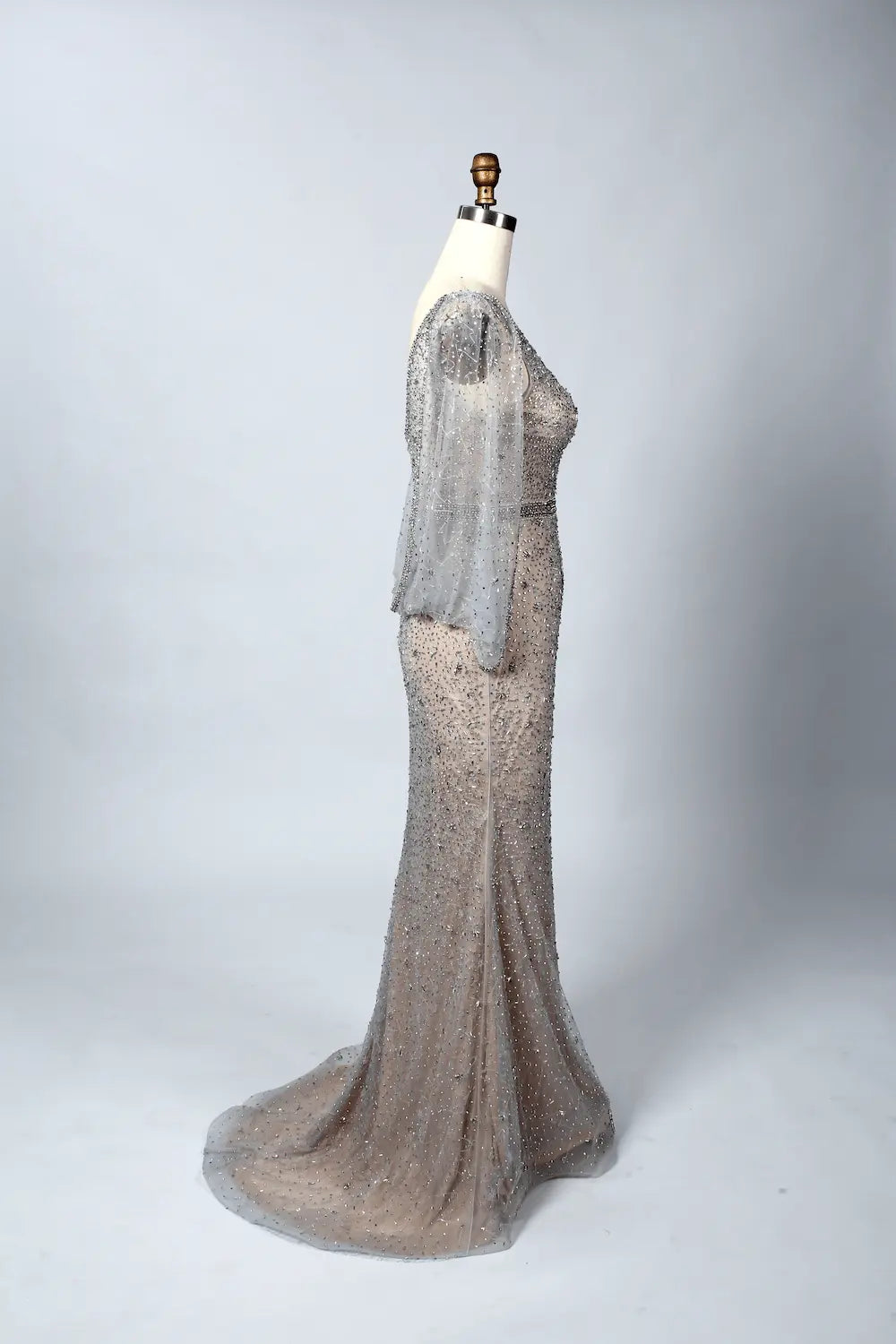 Sparkling Fit-and-Flare Mother of the Bride Dress with Sheer Sleeves MC051