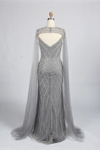 Luxury Beaded V-Neck Cape Sleeves Mother of the Bride Dress KY048