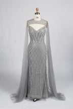 Luxury Beaded V-Neck Cape Sleeves Mother of the Bride Dress KY048