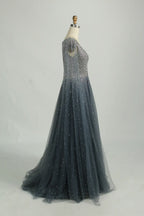 Beaded V-Neck A-Line Mother of the Bride Dress with Cape Sleeves KS048