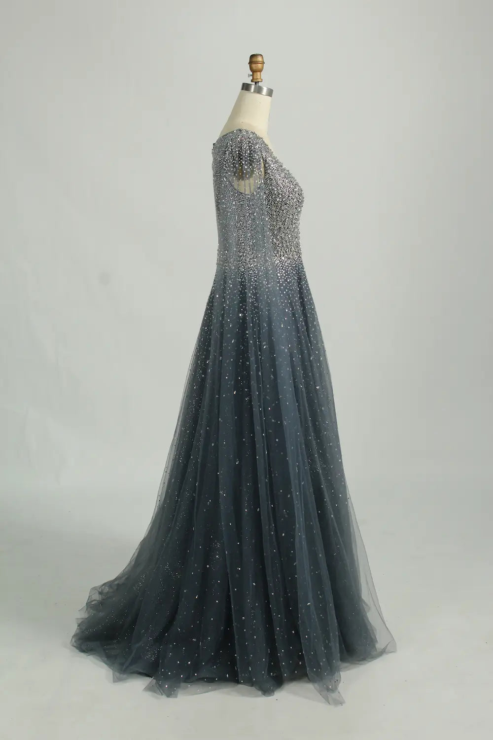 Beaded V-Neck A-Line Mother of the Bride Dress with Cape Sleeves KS048