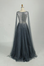 Beaded V-Neck A-Line Mother of the Bride Dress with Cape Sleeves KS048