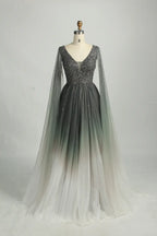 Ombre Beaded V-Neck A-Line Mother of the Bride Dress with Cape Sleeves KS049