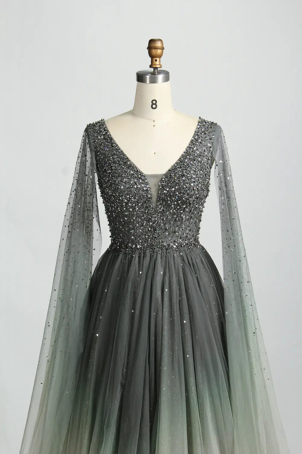 Ombre Beaded V-Neck A-Line Mother of the Bride Dress with Cape Sleeves KS049