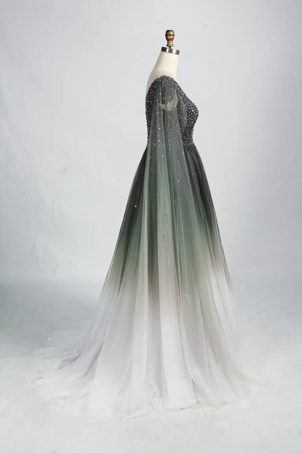 Ombre Beaded V-Neck A-Line Mother of the Bride Dress with Cape Sleeves KS049