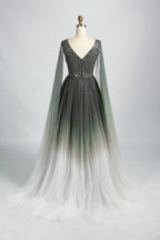 Ombre Beaded V-Neck A-Line Mother of the Bride Dress with Cape Sleeves KS049