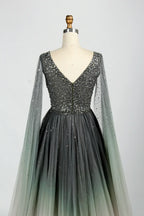 Ombre Beaded V-Neck A-Line Mother of the Bride Dress with Cape Sleeves KS049