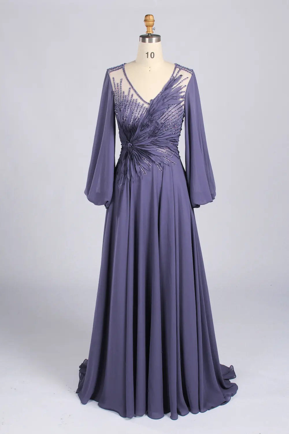 Purple Feather Embellished V-Neck Long Sleeve Chiffon A-Line MOB Dress MC172