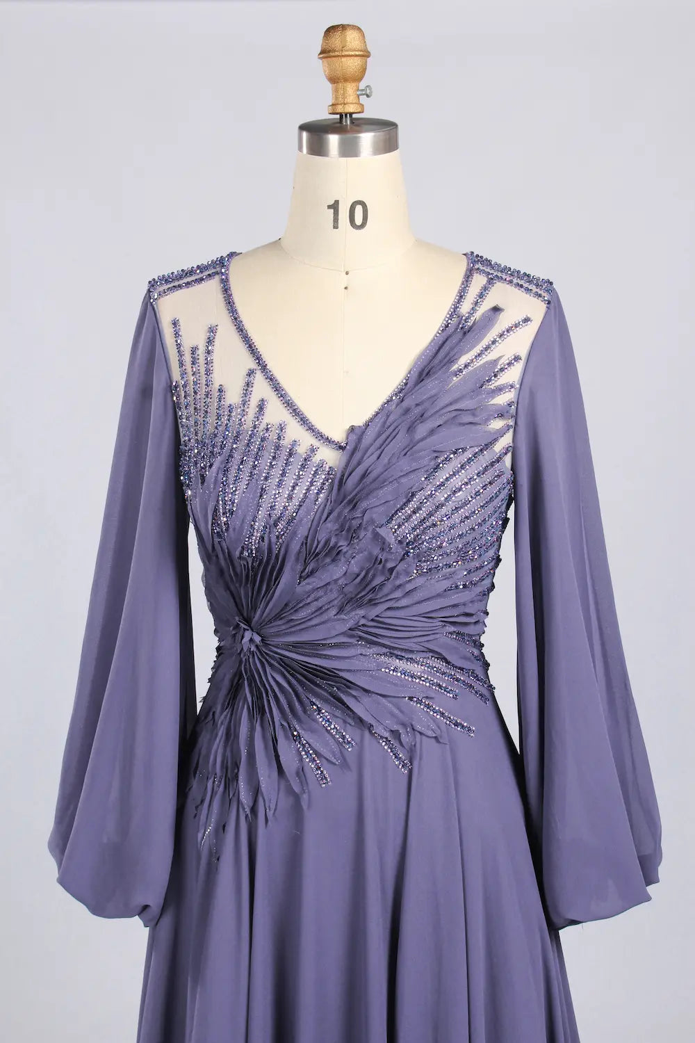 Purple Feather Embellished V-Neck Long Sleeve Chiffon A-Line MOB Dress MC172