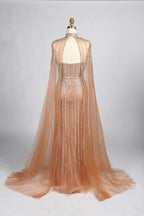 Luxury Pink Beaded Fit Mermaid Cape Sleeves Mother of the Bride Dress KY049