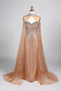Luxury Pink Beaded Fit Mermaid Cape Sleeves Mother of the Bride Dress KY049
