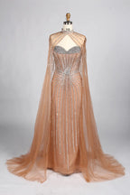 Luxury Pink Beaded Fit Mermaid Cape Sleeves Mother of the Bride Dress KY049