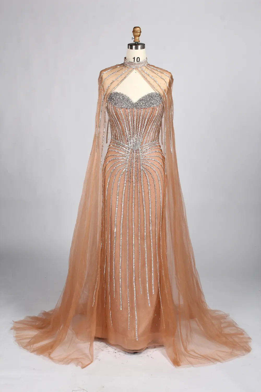 Luxury Pink Beaded Fit Mermaid Cape Sleeves Mother of the Bride Dress KY049