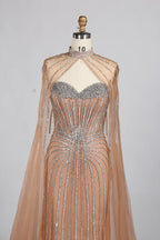 Luxury Pink Beaded Fit Mermaid Cape Sleeves Mother of the Bride Dress KY049