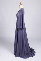 Purple Feather Embellished V-Neck Long Sleeve Chiffon A-Line MOB Dress MC172