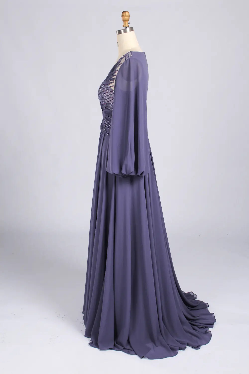 Purple Feather Embellished V-Neck Long Sleeve Chiffon A-Line MOB Dress MC172