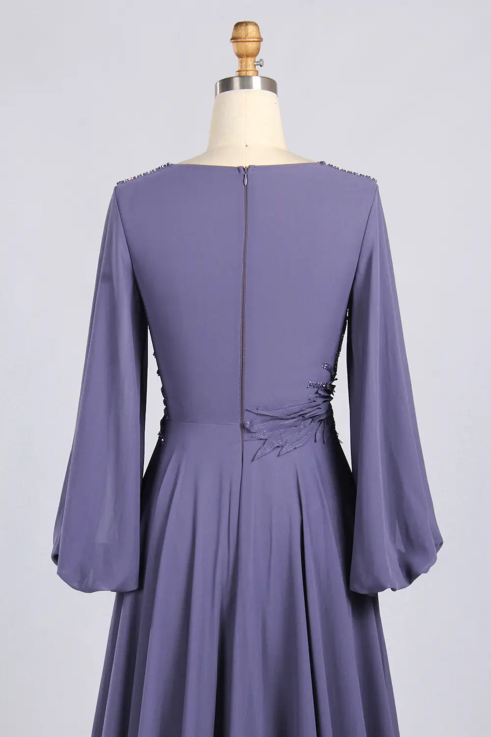 Purple Feather Embellished V-Neck Long Sleeve Chiffon A-Line MOB Dress MC172