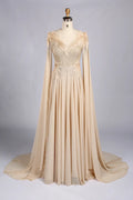 Champagne V-Neck Cape Sleeve Feather Accent A-Line MOB Dress MC173