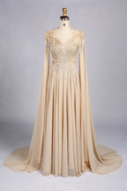 Champagne V-Neck Cape Sleeve Feather Accent A-Line MOB Dress MC173