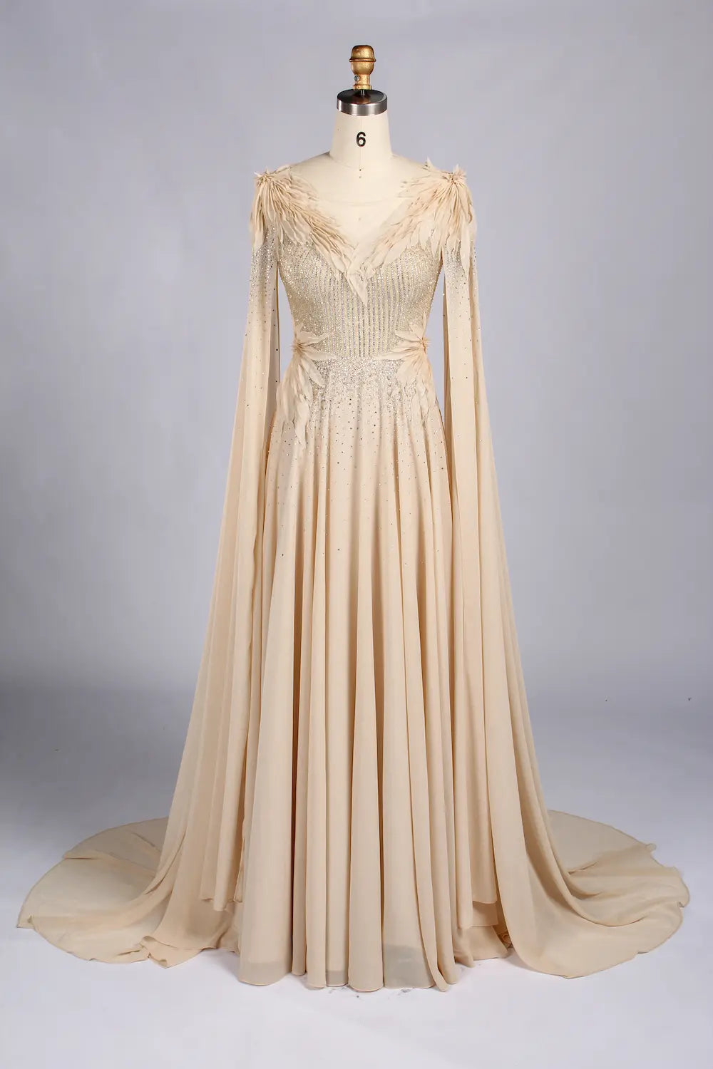 Champagne V-Neck Cape Sleeve Feather Accent A-Line MOB Dress MC173
