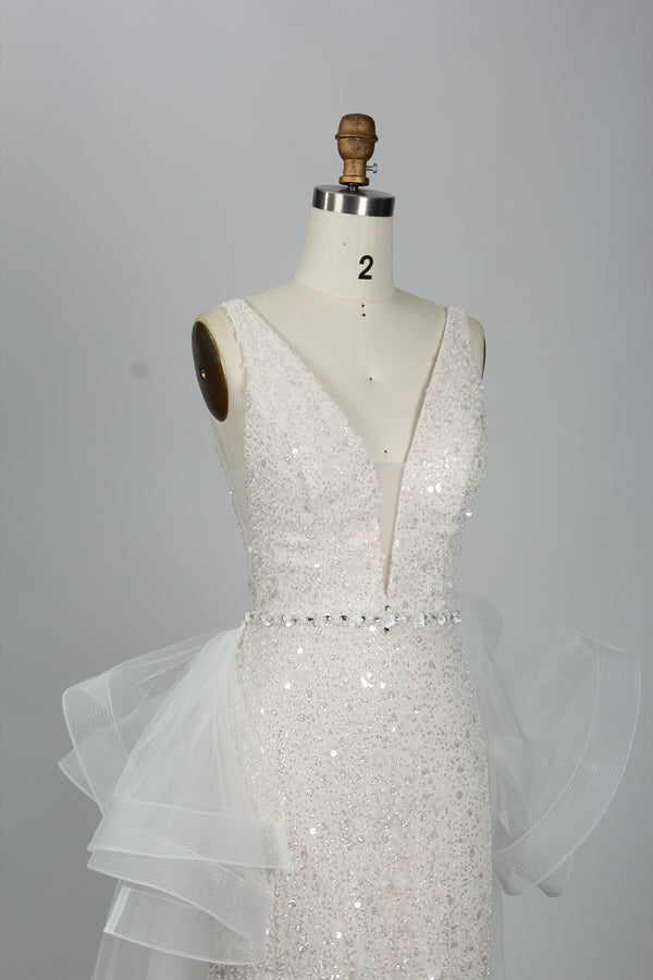 Wholesale Sequin V-Neck Bridal Gown – Tulle Ruffle Dress kt1333