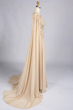 Champagne V-Neck Cape Sleeve Feather Accent A-Line MOB Dress MC173